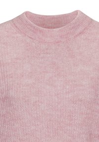 Helles rosa gestricktes Sweatshirt mit hohem Kragen, das eine weiche Textur und gerippte Details am Kragen aufweist. Einfaches und minimalistisches Design.