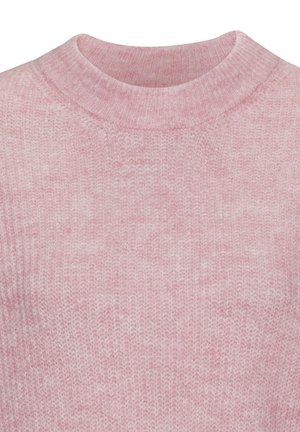 Helles rosa gestricktes Sweatshirt mit hohem Kragen, das eine weiche Textur und gerippte Details am Kragen aufweist. Einfaches und minimalistisches Design.