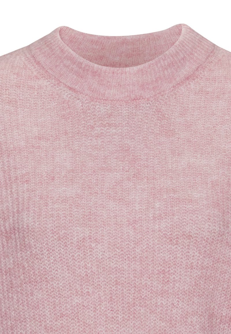 Helles rosa gestricktes Sweatshirt mit hohem Kragen, das eine weiche Textur und gerippte Details am Kragen aufweist. Einfaches und minimalistisches Design.