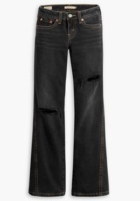 Jeans negros de corte acampanado en denim, con desgastes en las rodillas, costuras naranjas y diseño clásico de cinco bolsillos con cierre de botón y trabillas para el cinturón.