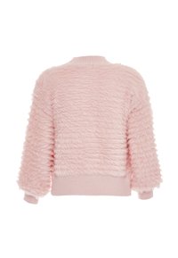 Maglione rosa fluffoso con un corpo testurizzato, collo a costine e polsini. Presenta una vestibilità ampia e maniche lunghe, ideale per un look casual.