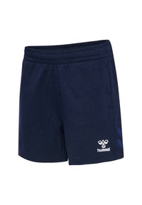 Calções azul-marinho feitos de um tecido macio com um cós elástico, apresentando um logótipo e duas riscas diagonais numa tonalidade mais clara de cada lado.