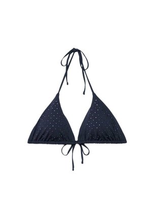 Musta kolmionmuotoinen bikiinitoppi, jossa on solmittava kaulanauha ja takaosan solmut, kangas koristeltu pienillä heijastavilla pisteillä.