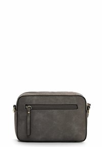 Sac bandoulière en simili cuir gris avec une poche zippée à l'avant, de forme rectangulaire et une bandoulière réglable. Surface texturée et couture contrastante.