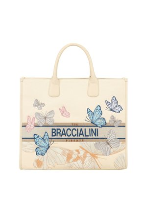 Borsa tote color crema con farfalle blu e rosa e la scritta "BRACCIALINI FIRENZE" sul davanti, con due manici corti.
