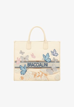 Borsa tote color crema con farfalle blu e rosa e la scritta "BRACCIALINI FIRENZE" sul davanti, con due manici corti.