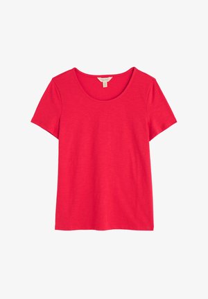 Sarkana īsām piedurknēm T-kreklu ar apaļu dekoltē. Izgatavots no gludas, vieglas auduma, ar vienkāršu dizainu un bez redzamām rakstām.