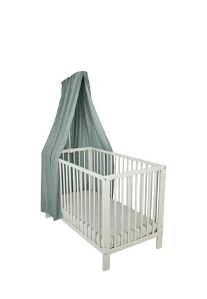 White wooden baby crib with vertical slats and a grayish-green fabric canopy draped over a frame at the head of the crib.