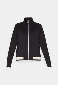 Black zip-up jacket with high collar, featuring side pockets and striped ribbed cuffs and hem in cream, beige, and black. Smooth fabric texture.