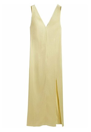 Robe midi jaune pâle sans manches avec col en V et fente avant côté droit, fabriquée dans un tissu légèrement texturé.