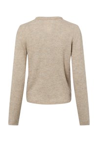 Beiger Strickpullover mit langen Ärmeln, rundem Ausschnitt und weicher Textur. Verfügt über ein schlichtes, schmuckloses Design mit lässiger Passform.