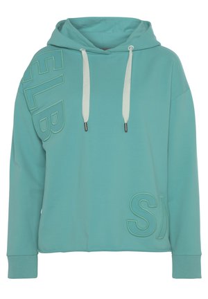 Turquoise hooded sweatshirt with a loose fit, featuring contrasting drawstrings and embroidered lettering "ELB" and "SM" on the front.