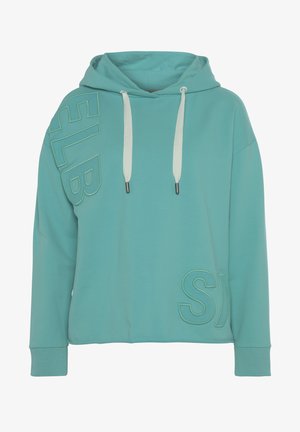 Türkise Kapuzenjacke mit lockerer Passform, ausgestattet mit kontrastierenden Kordeln und gestickten Buchstaben "ELB" und "SM" auf der Vorderseite.