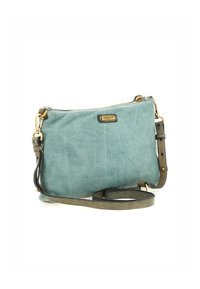 Borsa a tracolla in pelle testurizzata color teal con dettagli in oro, tracolla regolabile e chiusura con zip liscia. Design rettangolare compatto.