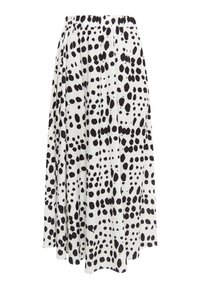 Jupe à motif noir et blanc avec une taille élastique, présentant un design fluide plissé et un ourlet asymétrique.