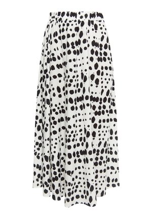 Melna un balta rakstaina svārku ar elastīgu jostasvīru, kas izceļas ar plūstošu, drapētu dizainu un asimetrisku apakšmali.