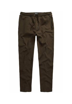 Pantaloni della tuta in cotone marrone con vita elastica, chiusura con cordino e tasche laterali. Tessitura liscia, design delle gambe affusolate.