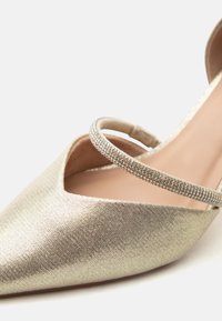 Χρυσό παπούτσι με μυτερή μύτη, λαμπερή ρίγα με στρας στο πάνω μέρος και απαλό ροζ εσωτερικό.