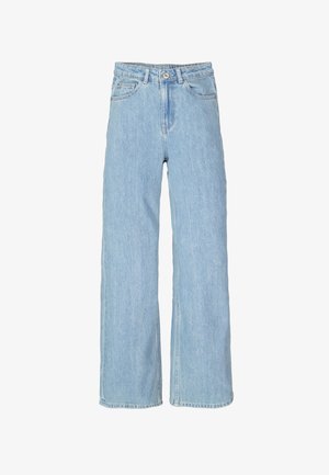 Lichtblauwe wijde jeans van denim, met een hoge taille, knoopsluiting, twee voorzakken en een subtiele verweerde look.