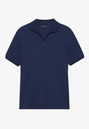 Marineblaues Polohemd mit gerippter Textur, kurzen Ärmeln und klassischem Kragen mit Einschnitt. Der Stoff wirkt weich und atmungsaktiv.