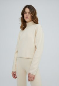 Crème-kleurige cropped sweater met een hoge hals, gemaakt van een zachte stof. Heeft lange mouwen en ribgebreide randen voor textuur.
