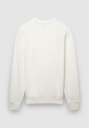 Weißes Sweatshirt mit langen Ärmeln, Rundhalsausschnitt sowie gerippten Bündchen und Saum. Glatte Textur mit schlichtem, schmucklosem Design.