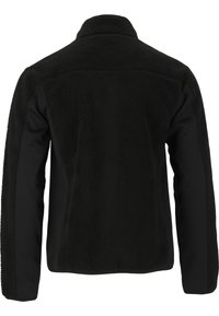 Giacca in pile nera con un pannello posteriore morbido e testurizzato e maniche lisce e aderenti. Presenta un colletto alto e un design minimalista.