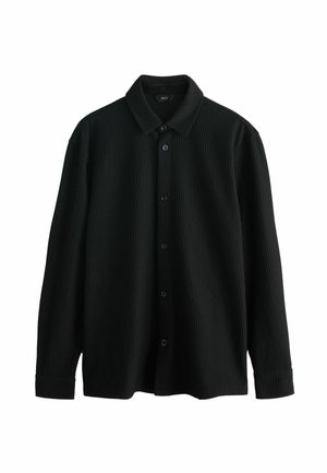 Black ribbed button-up shirt with a collar, long sleeves, and five button closures. Textured fabric adds depth to the design.