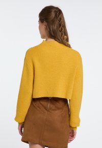 Geel geribbelde cropped trui met lange mouwen. Gecombineerd met een mini-jurk van bruin suede met een ritssluiting aan de achterkant.