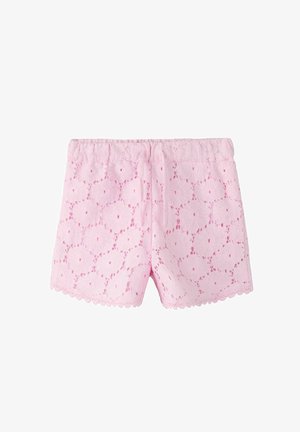 Heledalt roosad pitsist lühikesed püksid lillemustriga, elastse vöökohaga, nööriga ja lainelise äärega, valgel taustal eksponeeritud.