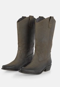 Botas de cowboy de ante marrón con punta afilada, costuras decorativas en la puntera y apertura en ángulo en la parte superior. Tacón bajo apilado.
