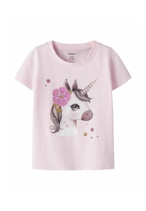 Light pink toddler T-shirt with a detailed unicorn head featuring a pink flower and gold glitter accents on the front.