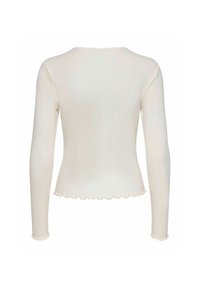 Langdropped ribbel top in off-white, met een gegolfde zoom en manchetten, een gladde textuur en een aansluitend ontwerp. Achteraanzicht getoond.