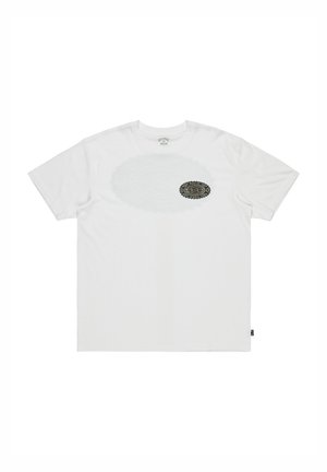 Hvit bomulls t-skjorte med en teksturert oval grafikk med et svart og gull laurbær-design foran. Korte ermer og avslappet passform.