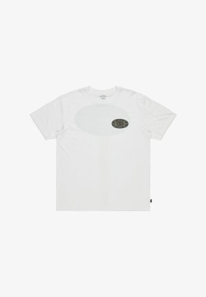 Hvit bomulls t-skjorte med en teksturert oval grafikk med et svart og gull laurbær-design foran. Korte ermer og avslappet passform.