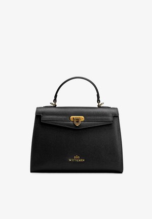 Czarna torebka ze skóry o fakturze, z złotym zamkiem zatrzaskowym, pojedynczym uchwytem od góry i złotym logo „WITTCHEN” na środku przedniej strony.