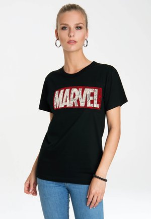Black cotton t-shirt featuring bold red and white "MARVEL" graphic print on the front. Simple crew neck and short sleeves.