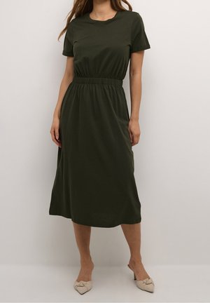 Dark green, short-sleeve dress with a round neckline, gathered waist, and flowing skirt. Made of soft, lightweight material.
