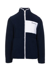 Navy-Fleecejacke mit weißem Brustpaneel, hohem Kragen, durchgehendem Reißverschluss und markiertem Logo. Aus strukturiertem, weichem Material mit entspannter Passform.