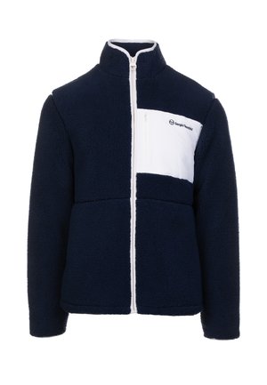 Marine fleece jack met een wit borstpaneel, hoge kraag, volle rits en merklogo. Kenmerkt zich door een gestructureerd, zacht materiaal met een comfortabele pasvorm.
