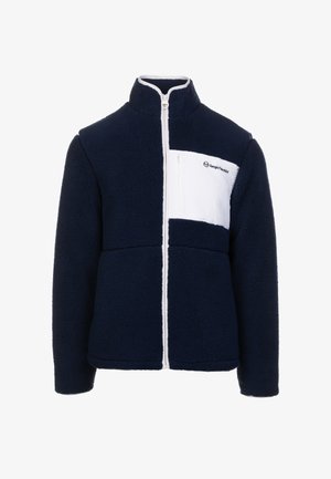 Marine fleece jack met een wit borstpaneel, hoge kraag, volle rits en merklogo. Kenmerkt zich door een gestructureerd, zacht materiaal met een comfortabele pasvorm.