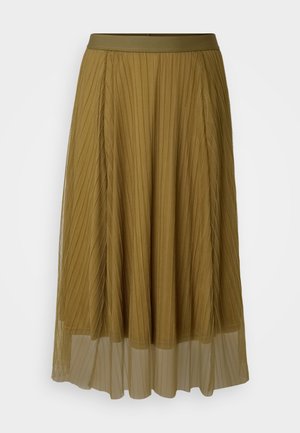Plissé olijfgroene rok met een stevige tailleband en een transparante onderlaag. Beschikt over verticale plooien over de hele lengte.