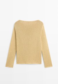 Beige knitted sweater with long sleeves and a wide, boat neckline, displayed flat on a white background.