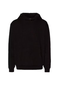 Czarna bluza z kapturem wykonana z miękkiego materiału, z kangurzą kieszenią, ściągaczami przy rękawach i kapturem ze sznurkiem. Minimalistyczny design, bez widocznych logo.