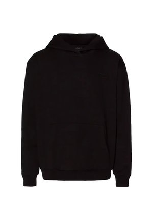 Czarna bluza z kapturem wykonana z miękkiego materiału, z kangurzą kieszenią, ściągaczami przy rękawach i kapturem ze sznurkiem. Minimalistyczny design, bez widocznych logo.