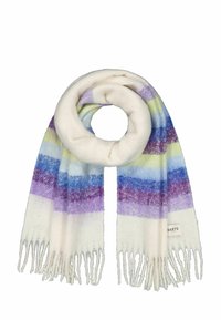 Soft, knitted scarf in white with multicolored horizontal stripes in purple, blue, and green. Features fringed edges and a label.