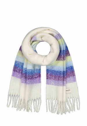 Soft, knitted scarf in white with multicolored horizontal stripes in purple, blue, and green. Features fringed edges and a label.