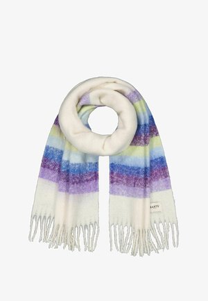 Soft, knitted scarf in white with multicolored horizontal stripes in purple, blue, and green. Features fringed edges and a label.