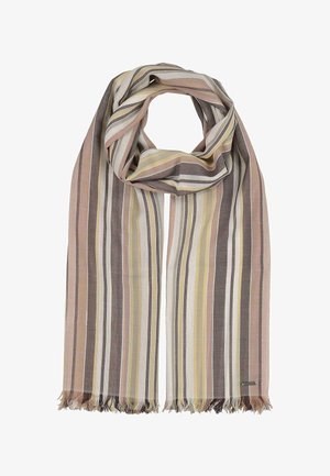 Long lightweight scarf with vertical stripes in shades of beige, brown, yellow, and white, with fringed ends and a small brand tag.