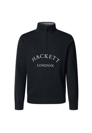 Marine blauwe zip-nek trui van gebreid materiaal, met "HACKETT LONDON" in het wit over de borst gedrukt. Lange mouwen en geribbelde manchetten.